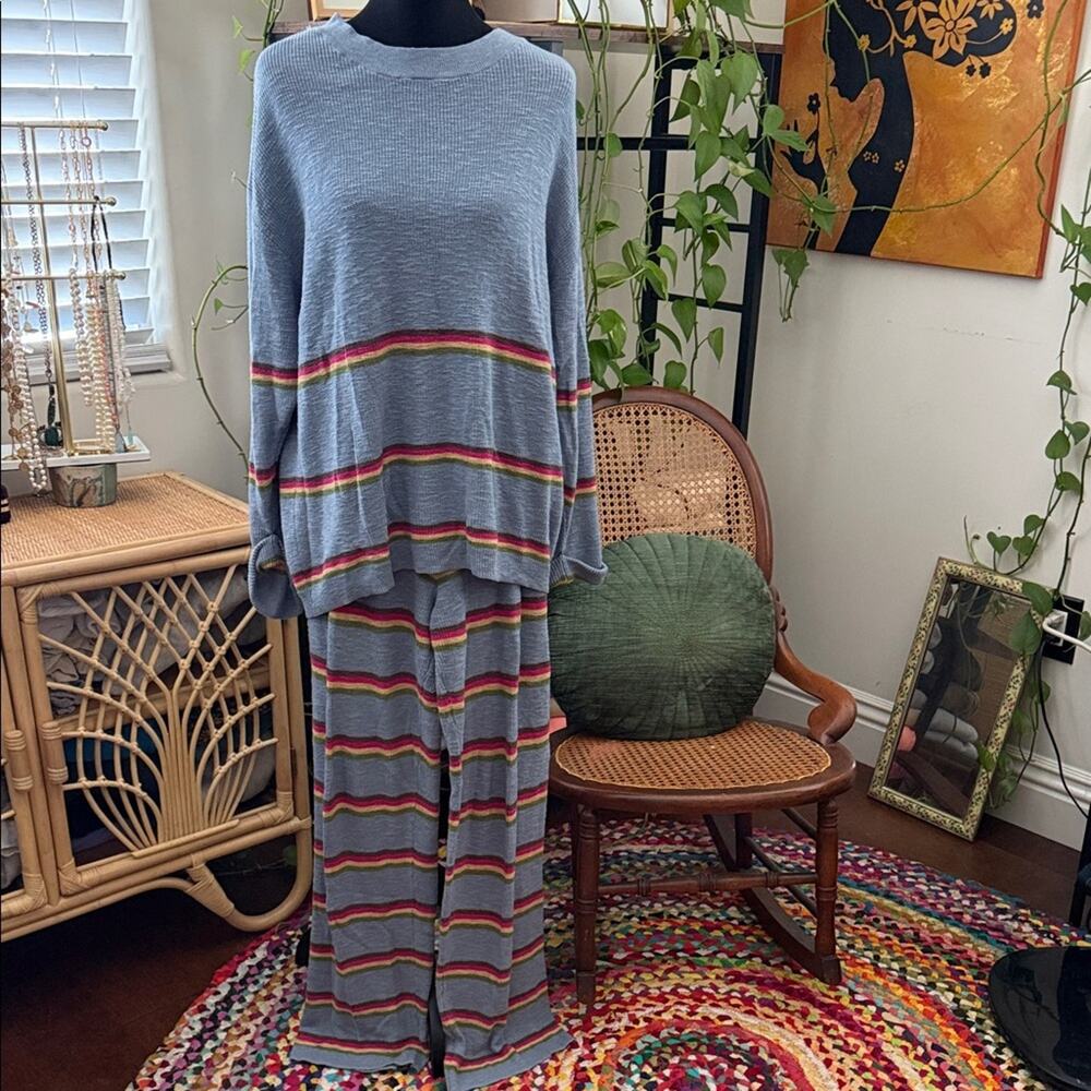 Free People Beach Mariner Dusty Blue Combo Cozy Boho Preppy Striped Sweater Set
